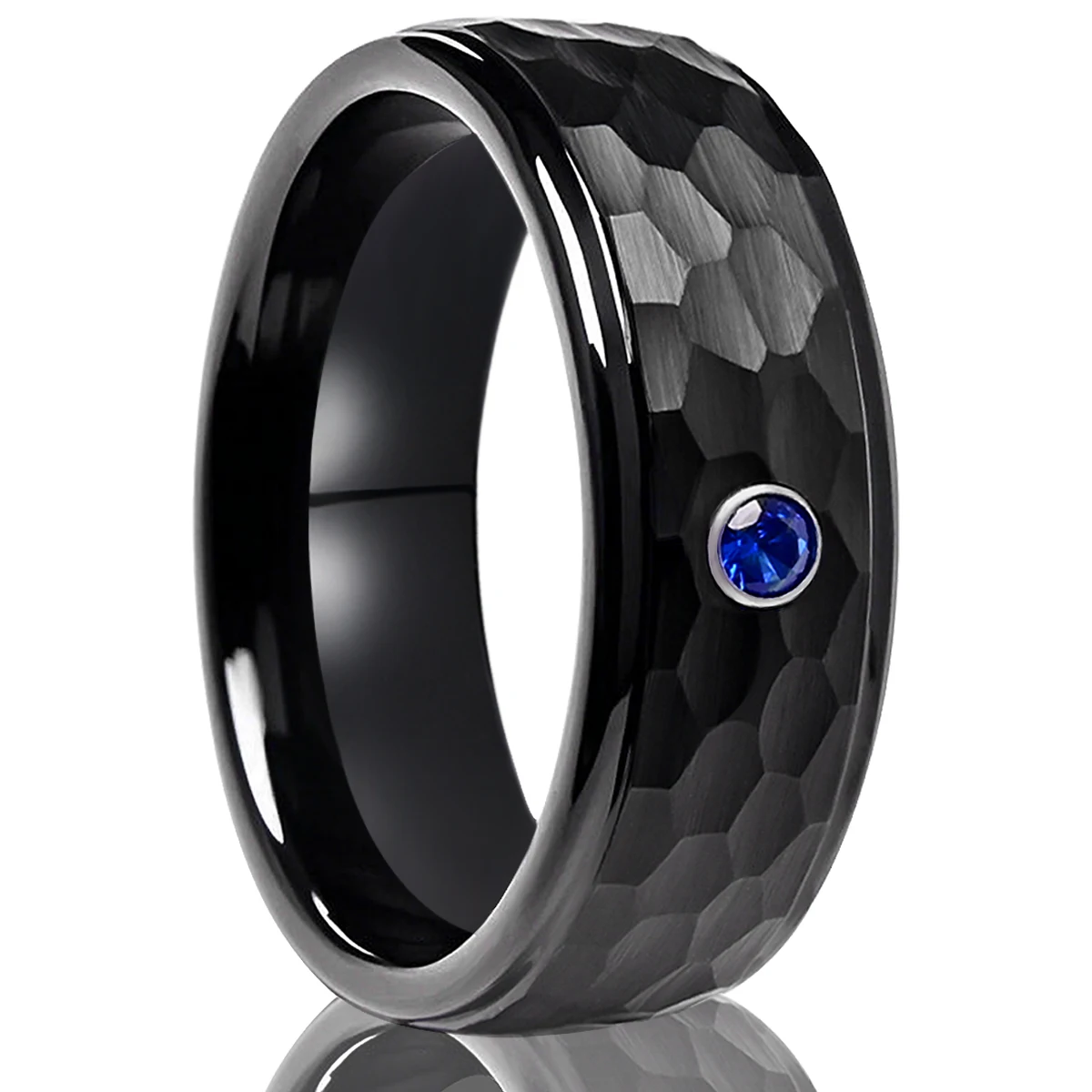 

8mm hammered blue zircon tungsten steel ring, men's fashion wedding ring, engagement commitment jewelry gift