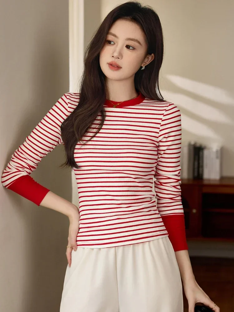 

Contrasting Striped T-shirt Women Clothing Long-sleeved Top 2025 Autumn and Winter New O-neck Casual Pullover Bottoming Shirt