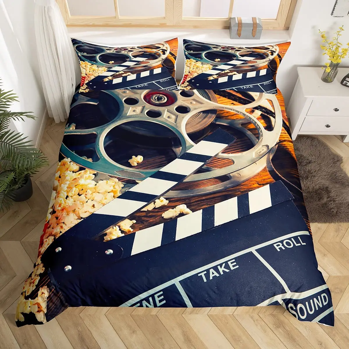 Movie Clapboard Duvet Cover Queen Size,Vintage Cinema Comforter Cover with 2 Pillowcase for Teens Movie Theater Film Bedding Set