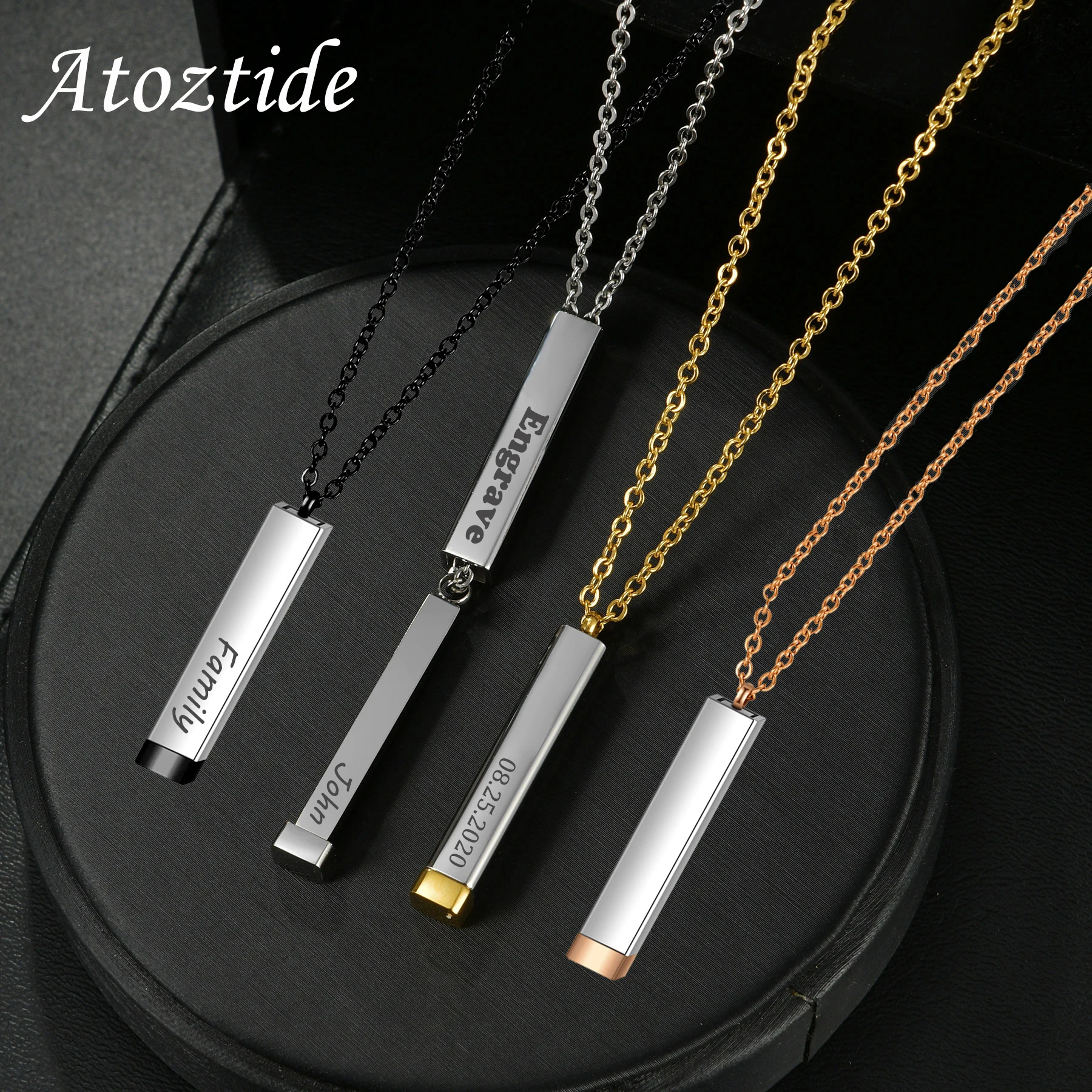 Atoztide Personalized Square Retractable Necklaces Engraved Name High Quality Stainless Steel For Men Women Family Jewerly Gift