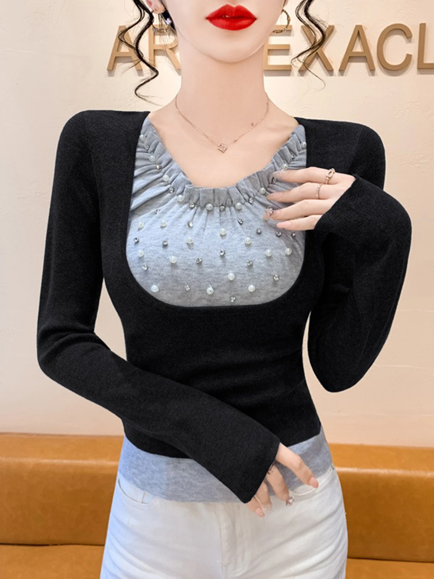 Feminino longo sve malha topo u-ne pesado embelezamento base de emagrecimento irt desgaste interno início do outono novo sle cintura-emagrecimento