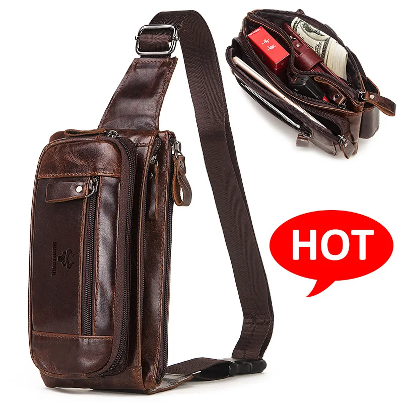 

Men Genuine Leather Chest Bag Fashion Organizer Travel Waist Packs Necessity Waist Belt Mobile Phone Small Bum Bag