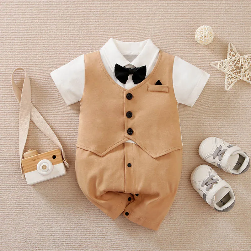 Newborn Boy Baby Jumpsuit Casual And Fashionable Gentleman Bow Apricot Summer Comfortable Cotton Short Sleeved Baby Jumpsuit