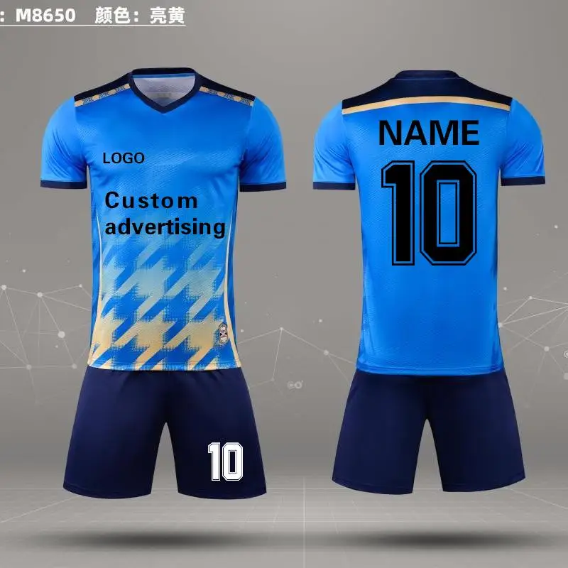 Custom camisa de futebol de manga curta e shorts conjunto, marca desgaste, azul, vermelho, branco, modelo 8650, 23-24, verão