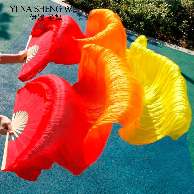 Hits High Selling Women Quality Silk Belly Dance Fan Dance 100% Real Silk Veils 1 Pair 180*90 CM Red+Orange+Yellow