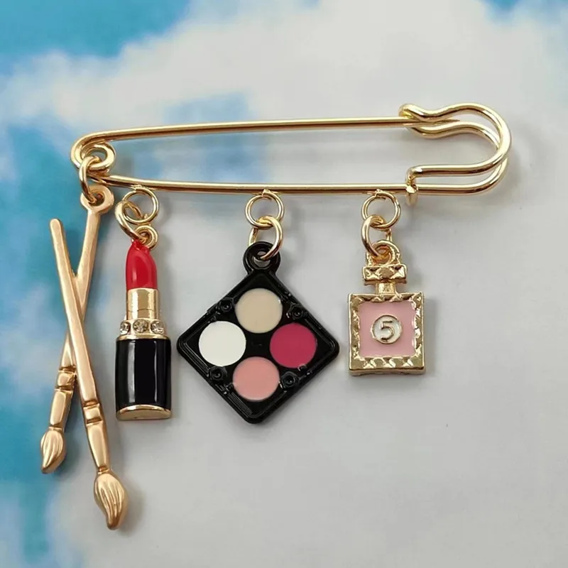 Metal enamel cosmetics brooch eye shadow lipstick perfume key ring makeup pen pin women DIY handmade jewelry gift
