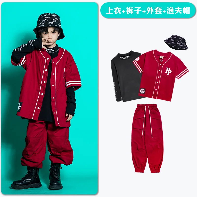 Kids Teenage Streetwear Hip Hop Clothing Red Shirt Tops Casual Cargo Jogger Pants For Girl Boy Jazz Dance Costume Rave Clothes