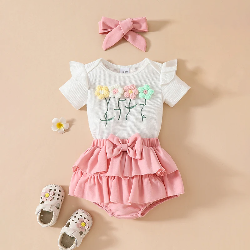 

Baby Girls Summer Shorts Outfits Short Sleeve Floral Embroidery Romper PP Shorts Headband Sets Sweety Girls Clothing Set
