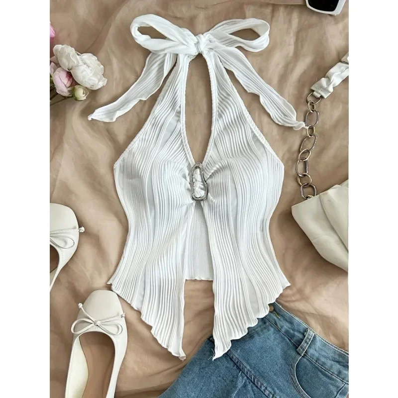 2025 เซ็กซี่VคอHalterคอCrop Topสําหรับผู้หญิงฤดูร้อนChic ElegantแขนกุดแยกBackless Top Y2Kเสื้อผ้าสีขาวสีดํา