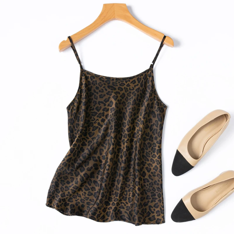

Women Sling 100% Mulberry Silk 19 Momme Coffee Leopard Printed 2025 Fashion Top Camisole Vest Fashion Summer Beach M1322
