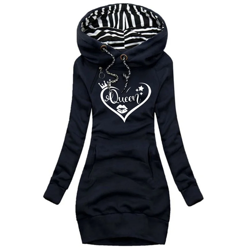 Women\'s Fashion Queen Printed Sweater Dresses Fall and Winter Long Sleeve Hoodie Dress Solid Color Slim Pullover Sweater Dresses