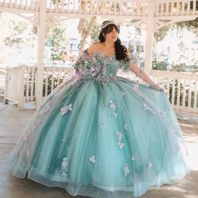 Light Green Shiny Princess Quinceanera Dresses Ball Gown 2024 Sweet 16 Dress Beads Appliques Lace Flower Birthday 15th Party