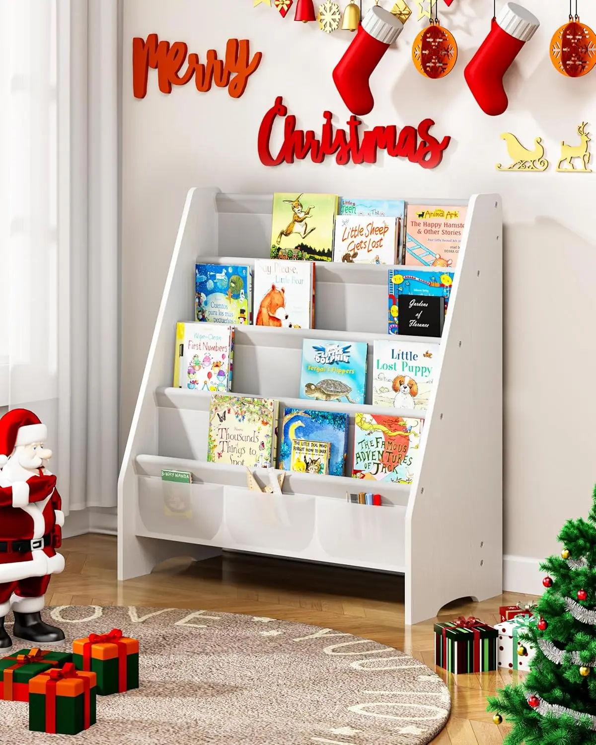 

4-Tier Kids Bookshelf with Tear-Proof Fabric, Deep Slings for Books, Ideal Height for Toddlers Age 3+, White