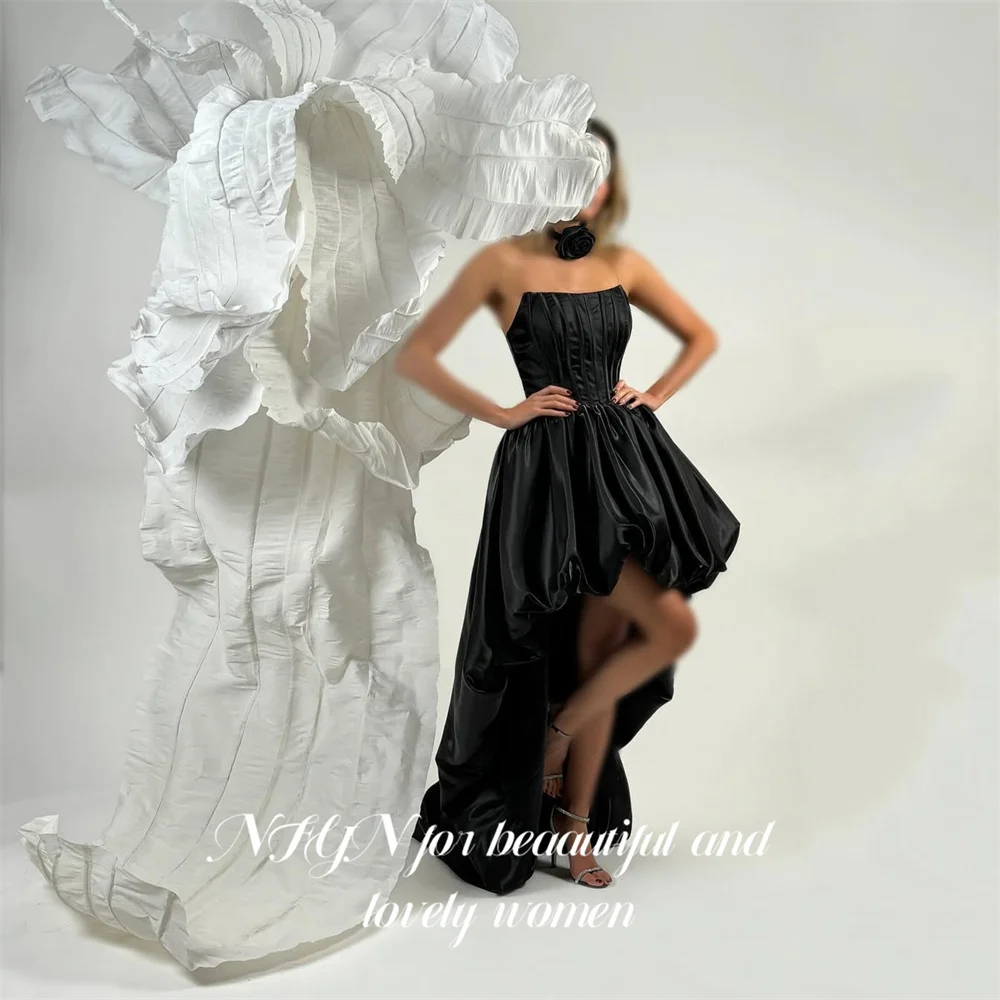 

NFYN Black Chic Formal Gown Strapless Sleeveless Prom Dresses High Low Hem Evening Dresses Satin Modern Style Customized