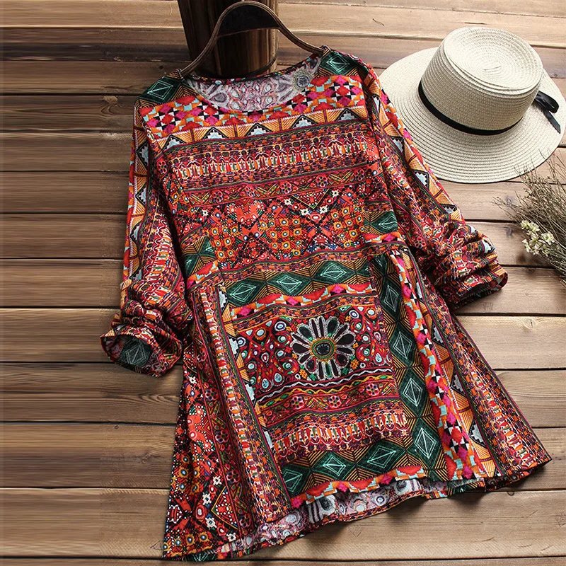 Women Blouses New Retro Printed Loose Oversized Long Sleeved Cotton and Linen Round Neck Top Women's Clothing