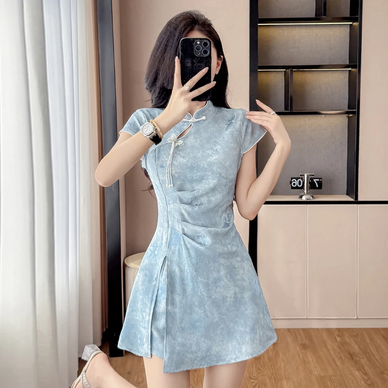 New Chinese Style Cheongsam Set Jacquard Stretch Dress + Shorts Ruched Slit Short Design Dresses Outfit Female 2026 New Suits view 4
