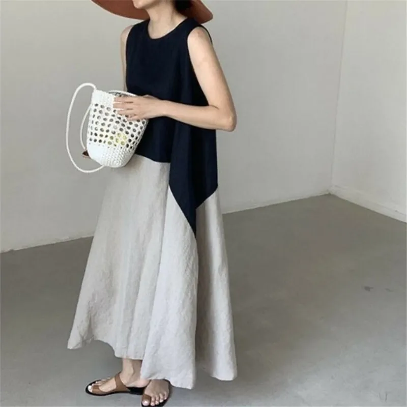 

Korean Round Neck Color Block Loose Knee Length Maxi Swing Linen Vest Dress Women Casual Boho Chic Summer Oversized Layered