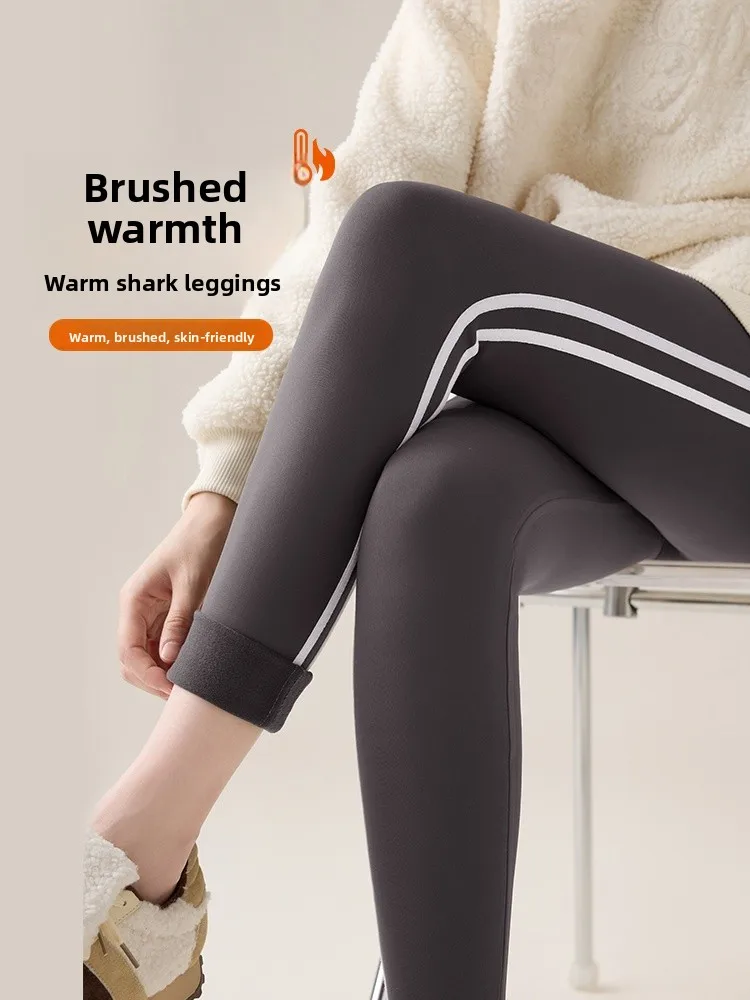 

High-Waist Thiened Fce Yoga Pants Women's Slimming arkskin Tight Pants Side Stripe Warm Winter Leggings