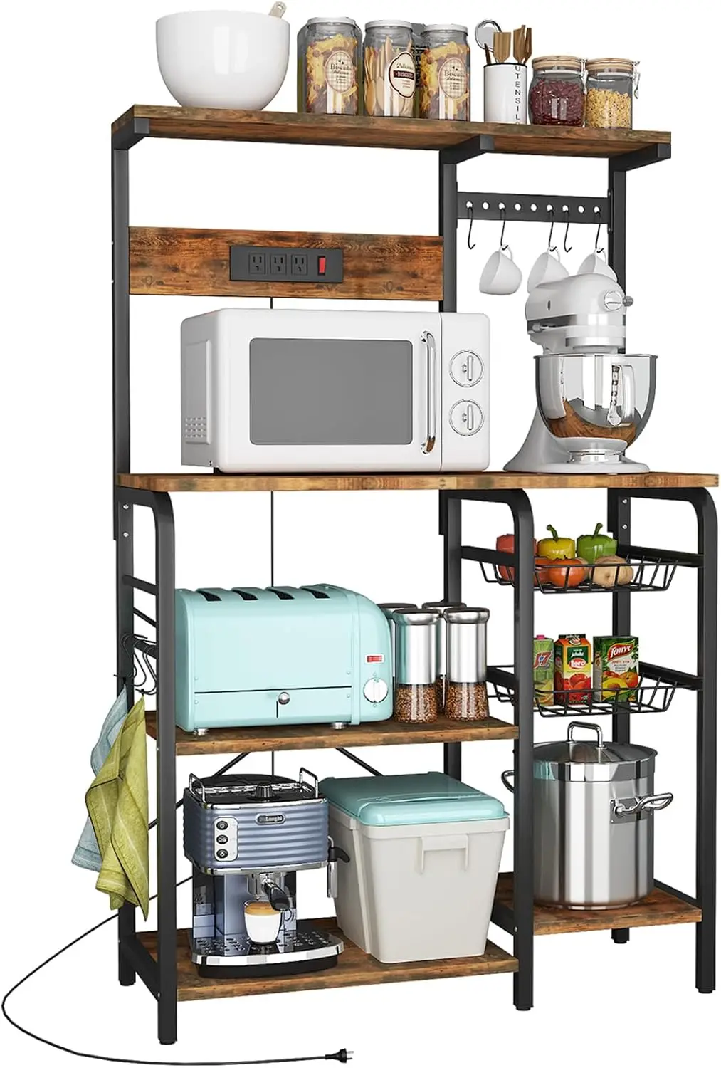 Microwave Stand with Storage, Kitchen Rack and Shelves with 2 Wire Baskets, 10 S-Hooks, Kitchen Storage Shelves