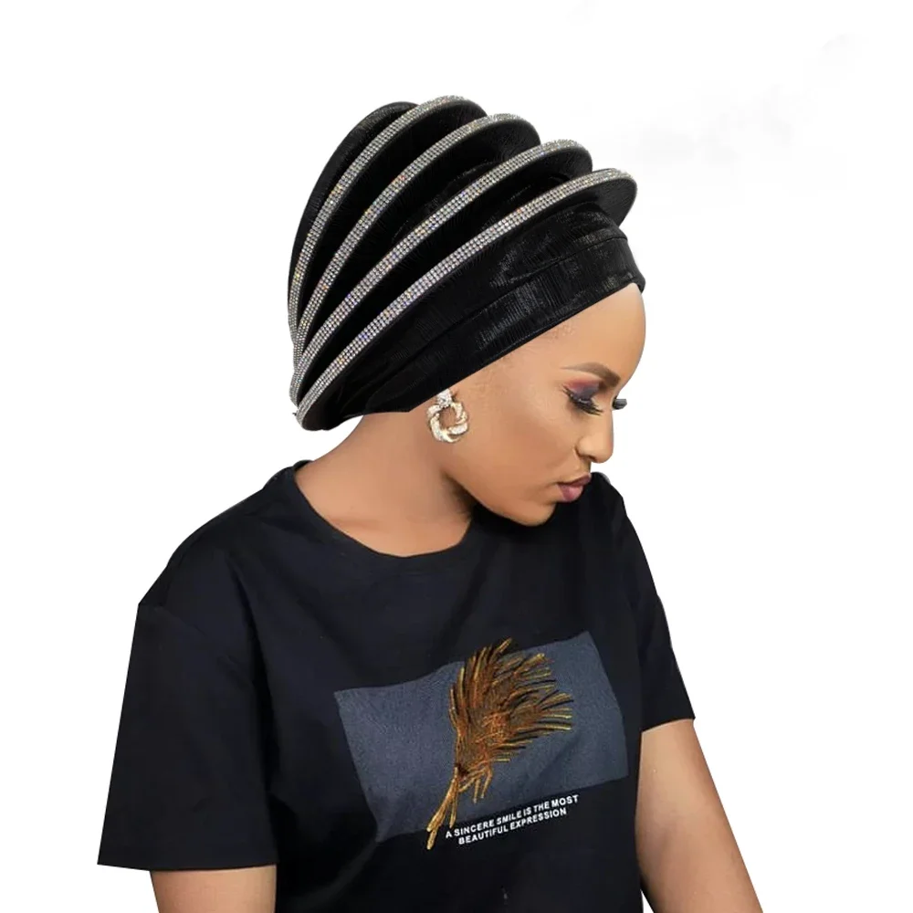 Afrcian Lady Head Wraps Female Berets Turban Nigeria Headpiece Wedding Party Gele Luxury Diamonds Spiral Beret Turban dla kobiet