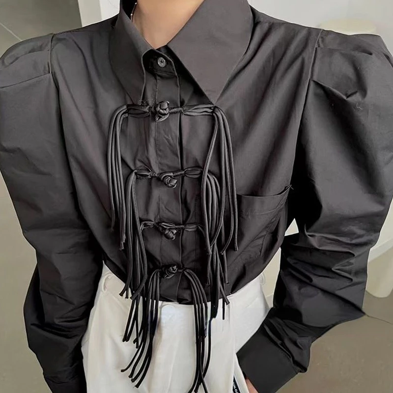 QWEEK Hip Hop Black Blouses Puff Sleeve White Shirts Women Oversized Streetwear Chinese Style Knot Tassel Top 2022 Fashion Punk