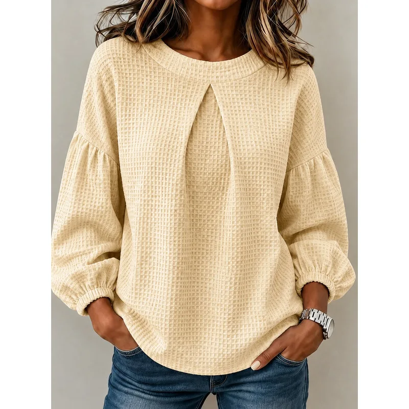 Ladies Casual Waffle Texture Long Sleeve Tops Loose Puff Sleeve Crew Neck Comfortable Daily Wear Blouses For Women Outdoor Home view 6