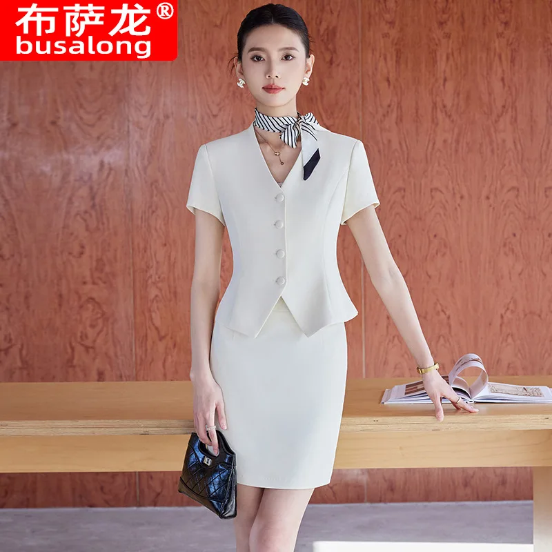 

Комплект костюма с короткими рукавами для женщин, профессиональная одежда, элегантная летняя рабочая униформа для менеджера отеля, официальная одежда