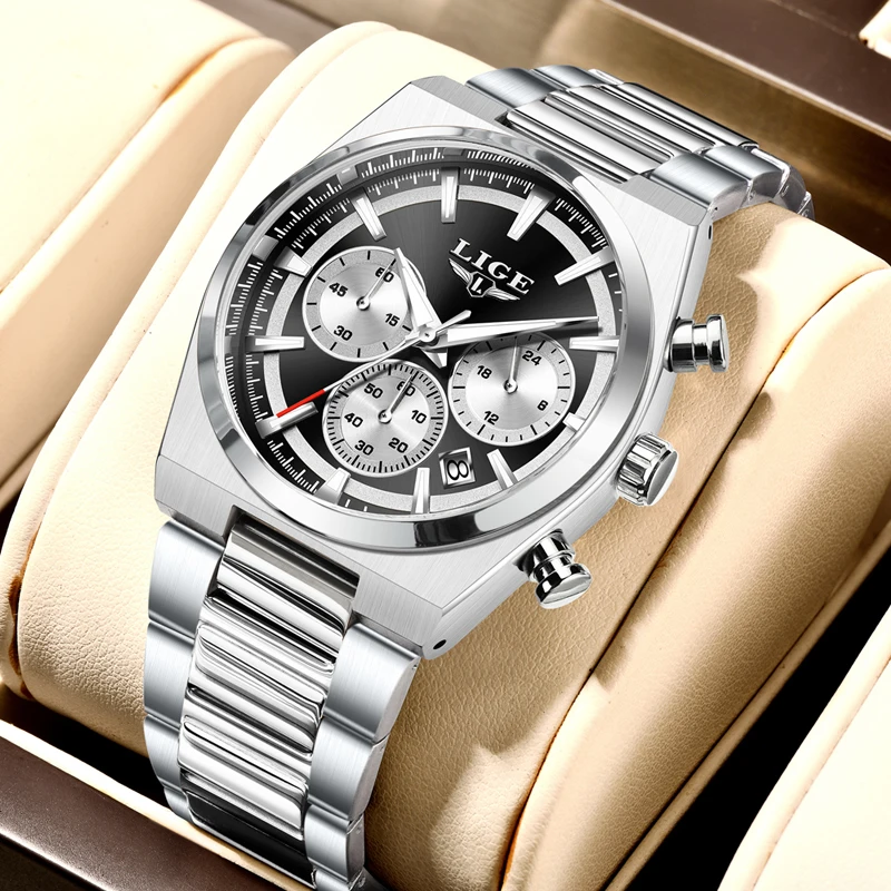 LIGE Original Fashion Men Clock Waterproof Luminous Chronograph Date Watch For Man Stainless Steel Quartz Men's Watches Male image 3