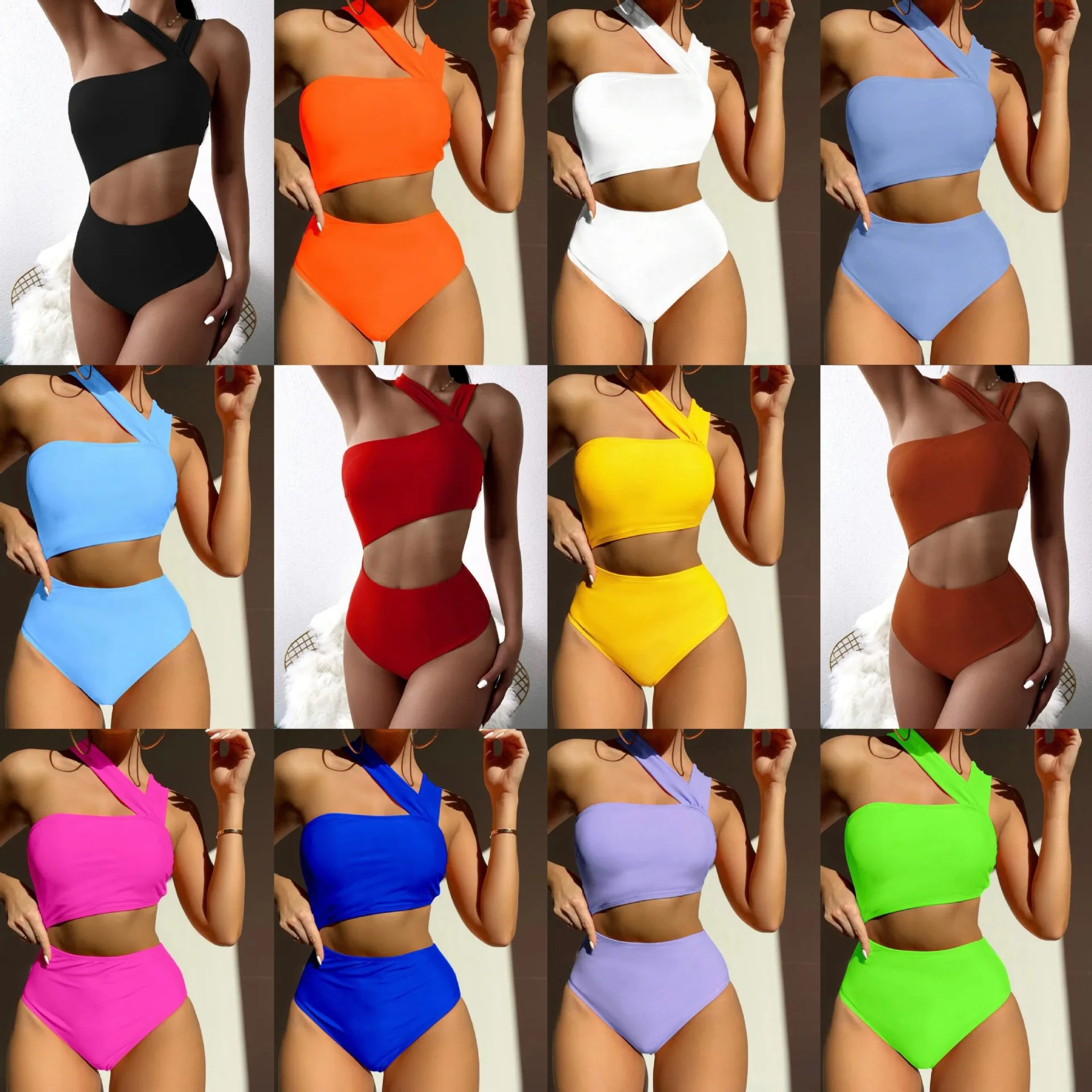 

2024New Sexy One-shoulder Tube Top Hollow-out Solid Color One-piece Swimsuit Bijini