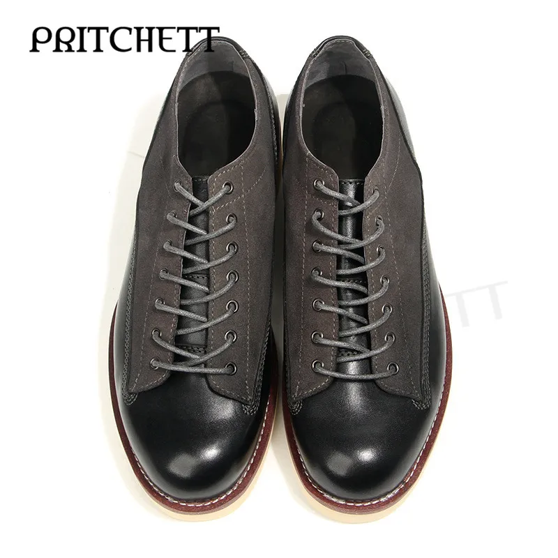 Suede Leather Stitching Shoes Big Round Toe Lace-Up Genuine Leather Retro Shoes Personality Casual Thick-Soled Men's Shoes