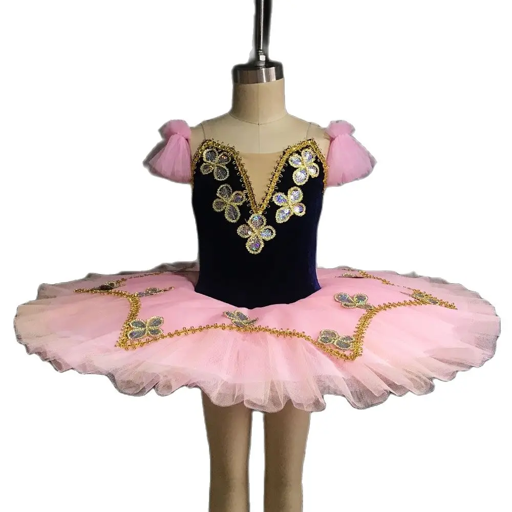 

Professional Ballet Dance Tutu Dark Blue Velvet Bodice with 7 Layers Pancake Tutu Adult Girls Solo Costume Pleated Tutus BLL123