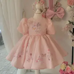 Soft Pink Flower Girl Dresses For Wedding Customized Beading Appliqued Litter Kids Baby Birthday Gowns First Communion Dresses