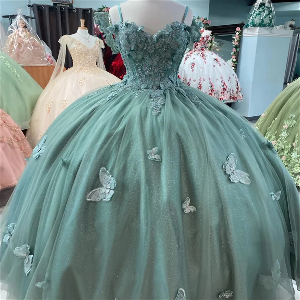 Gaun pesta tali Spaghetti seksi gaun Quinceanera lengan pendek elegan gaun 2024 klasik 3D bunga Applique manis 16 gaun