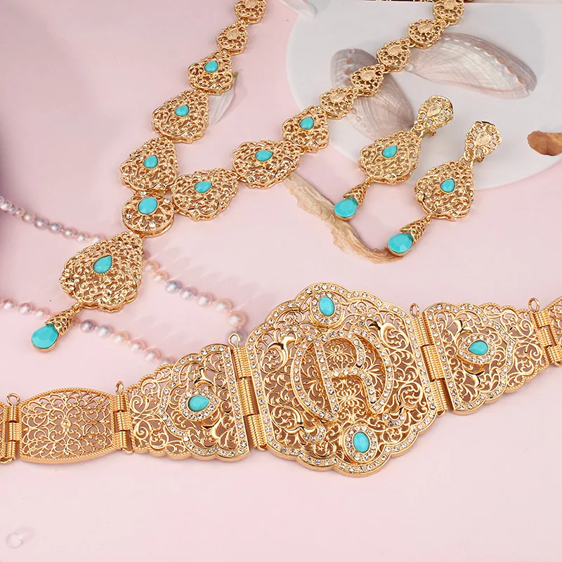 New Blue Stone Morocco Caftan Belt In Gold Long Waist Chain for Women Ehtnic Wedding Jewelry Luxury Bride Accessory Mother Gift