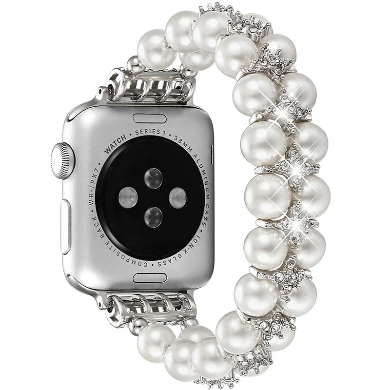 Correa de perlas para Apple Watch Band 8, joyería de acero elástica con cuentas de 49mm para mujer, Iwatch Series 7, 6, SE, 5, 4, 3, 44mm, 40mm,