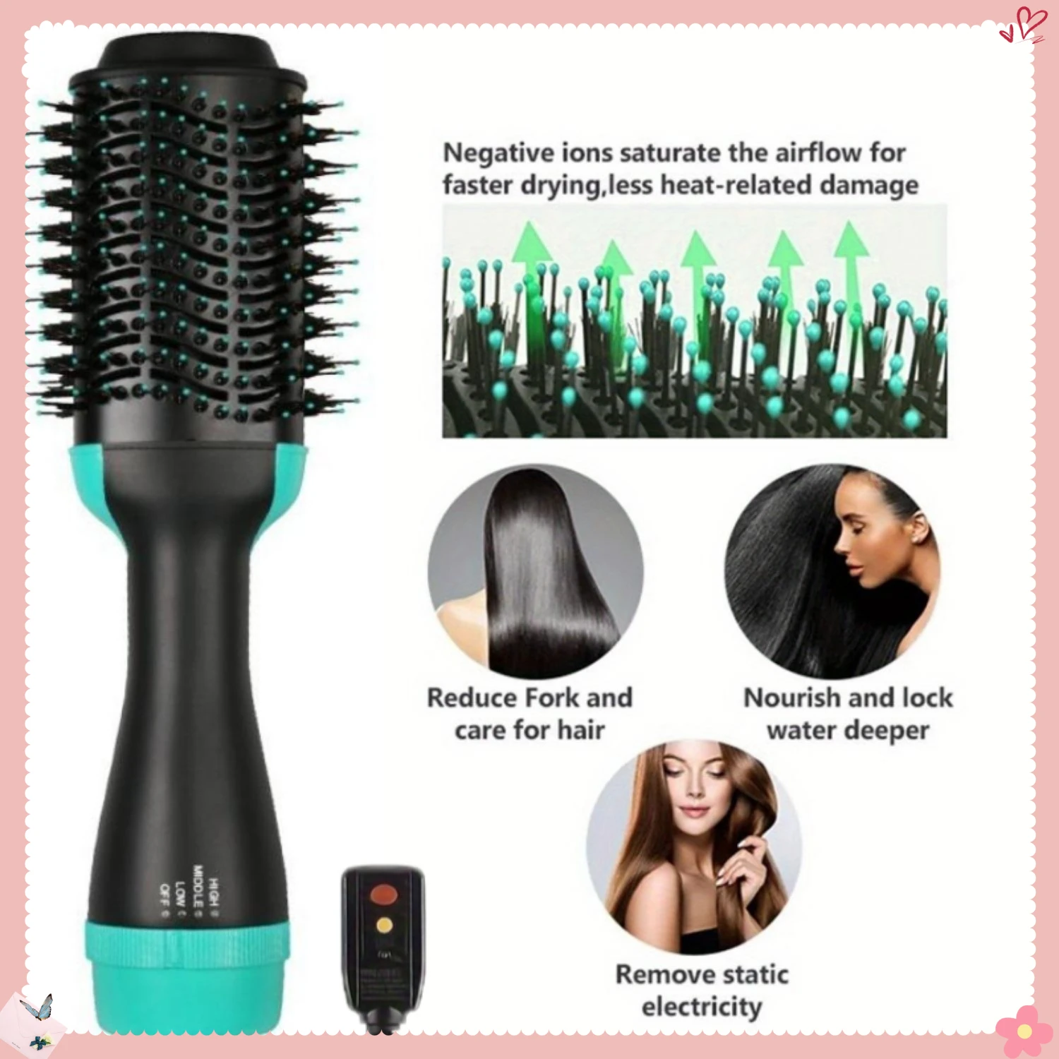 La spazzola arricciacapelli con pettine per styling ad aria calda 3 in 1 asciuga rapidamente voluminizza le radici e stili senza sforzo con un impugnatura ergonomica