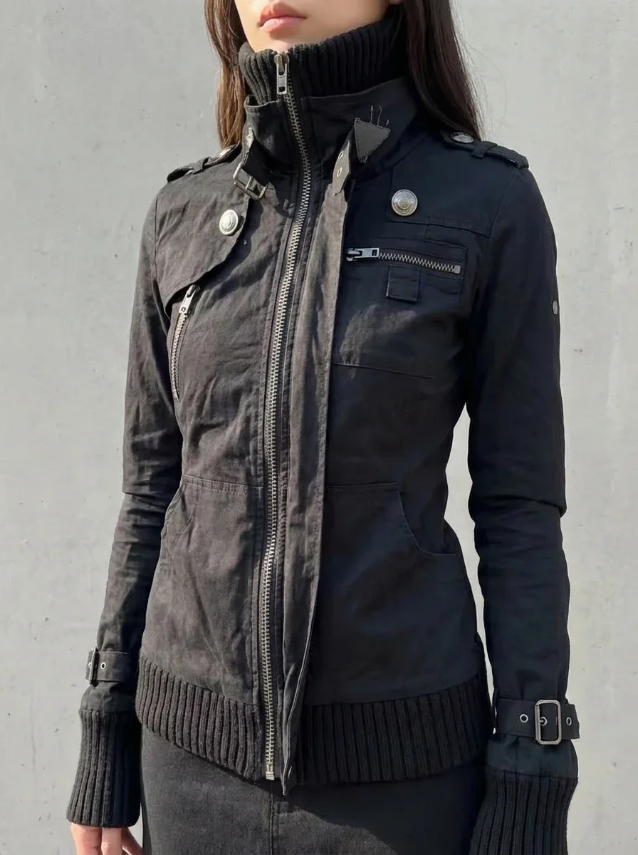 Y2K Black Tactical Ribbed Knit Zip Women Hoodie Jacket Streetwear Vintage Buckle Detail Casual Urban Fashion Autumn Winter Coat