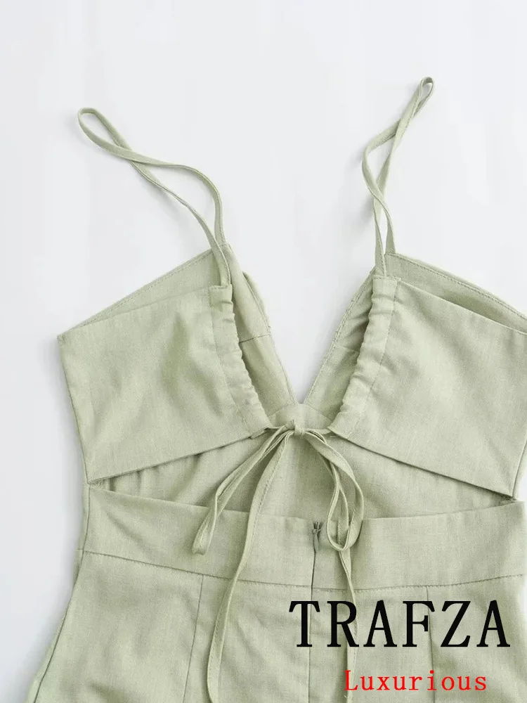 TRAFZA Vintage Casual Chic Sexy Women Dress Green Solid Backless Cami Long Vestidos Fashion 2024 Summer Female Dress