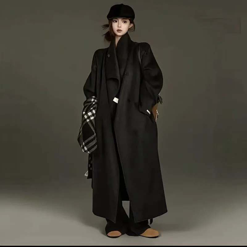 2025 New Wool Jacket Hooded Woolen Coat Autumn Women Water Ripple Cashmere Coat Female Casual Lace-up Loose Wool Coat Classic