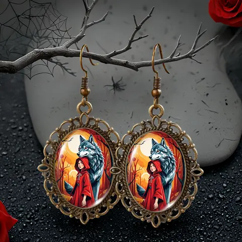 Little Red Riding Hood and Big Bad Wolf Fairy Tale Picture Oval Glass Cabochon Flower Shaped Fish Hook Earrings Handmade Gifts