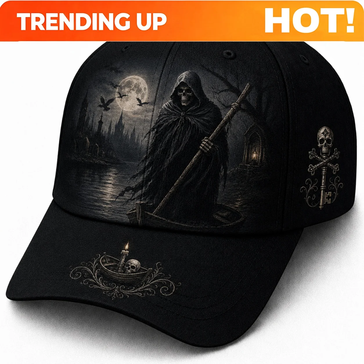 Custom Men' Gothic Grim Reaper Boat Moon Baseball Cap - Bohemian Snapback Hat With Full Print Gothic Scene, Suitable For Daily W