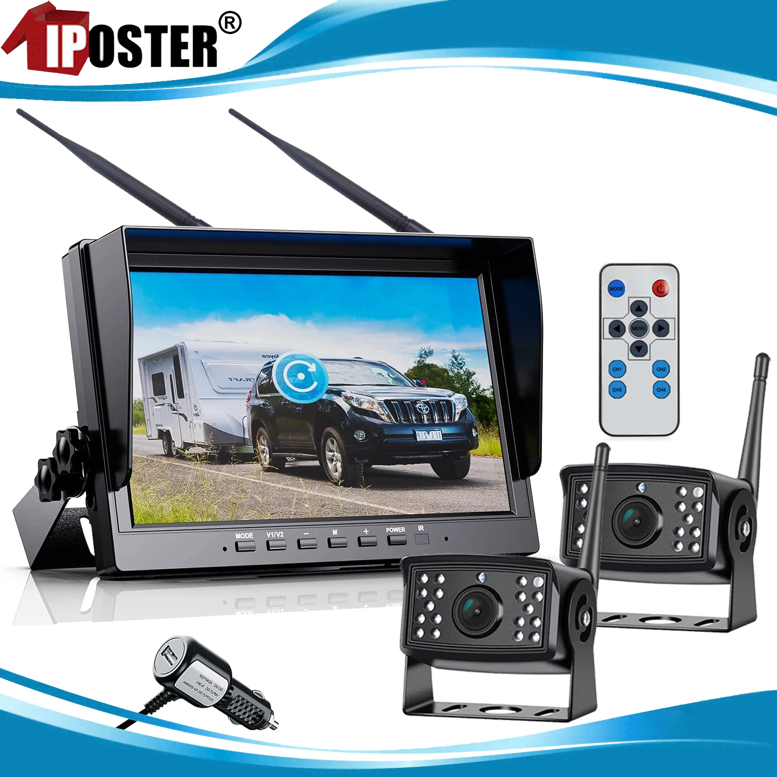 iPoster 10.1 inch Digital Wireless Quad DVR Monitor 2x Reversing Backup Camera 50-100m For Truck Bus Trailer Motorhome