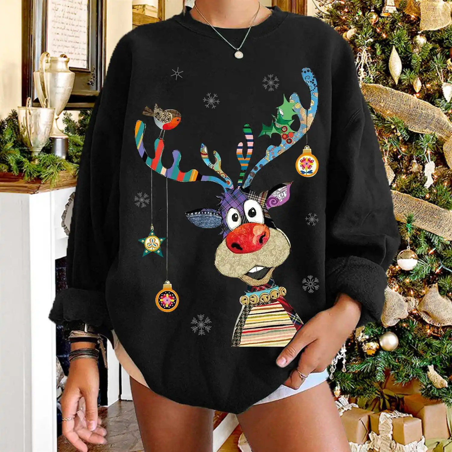 Retro Fleece Christmas Deer Sweatshirt Women Men Christmas Europe and America Plus Size Everyday Casual Y2K sweatshirt   gothic