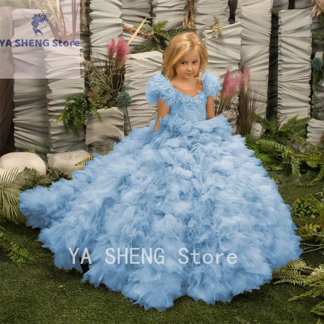 فستان الأميرة للفتيات ، فستان دانتيل منتفخ مع الأكمام ، لطيف ، لحفلة عيد ميلاد ، الزفاف
