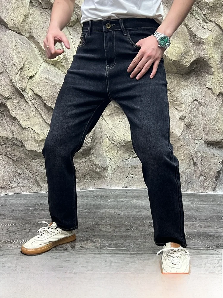 

Мужские узкие прямые джинсы, эластичные, удобные, приятные для кожи, повседневные, из смеси хлопка и полиэстера, на пуговицах средней талии