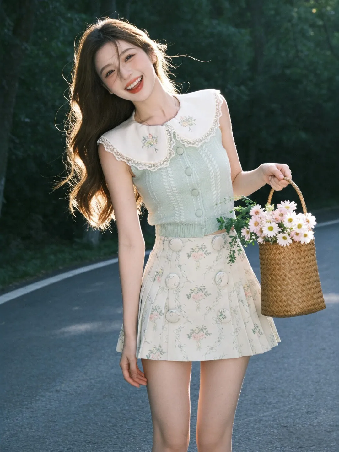 

Sweet Style Top And Skirt Set Comfortable Breathable Summer Outfit Gentle Wind Print Casual Fashion Student Work Uniform