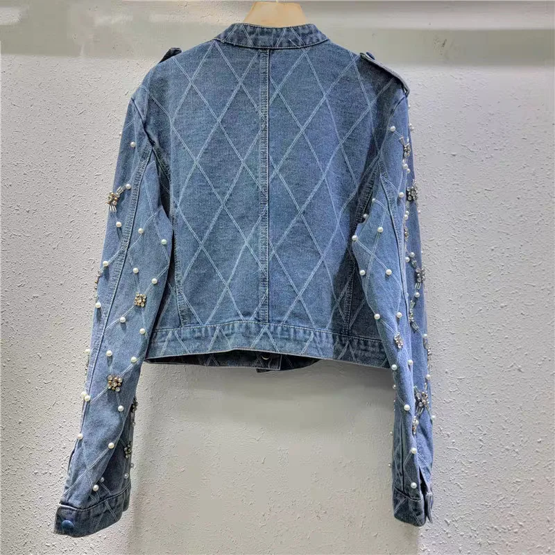 ANJY Autumn Winter New Women European Fashion Studded Diamonds Pearl Elegant Denim Short Jacket Chic Trend Versatile Coat A16933