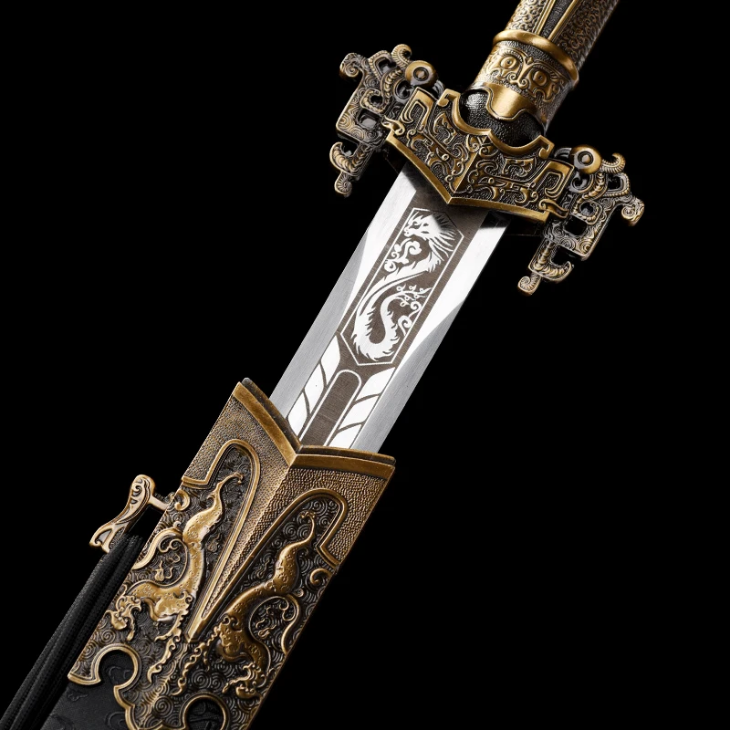 Medieval Han Sword Manganese Steel Blade Real Full Tang Sharp Handmade Ready Battle Metal Handle Double Dragon Kongfu Katanas
