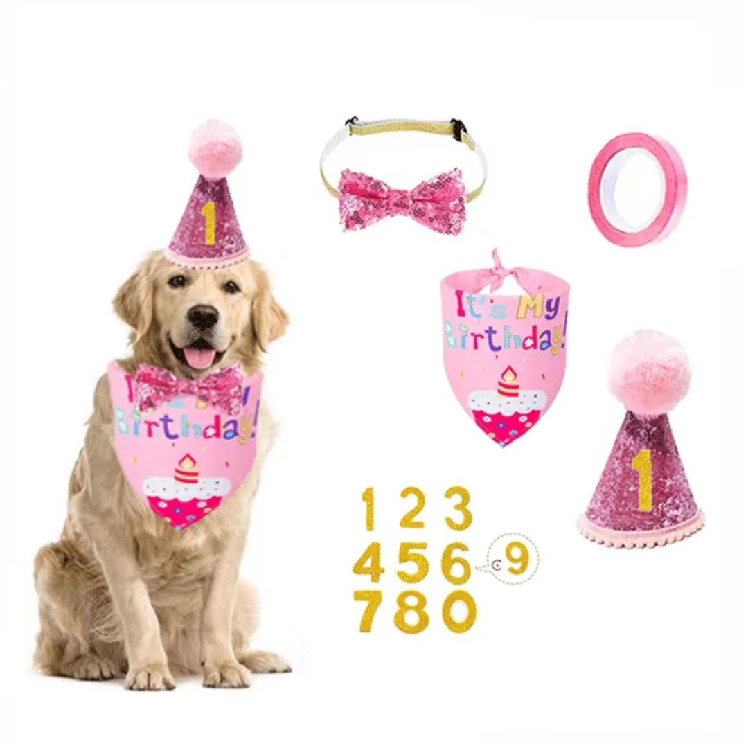 Pet Birthday Set with Golden Sequins Hat Bandana Birthday Party Banner Decoration Bow Tie Cat Dog Festive Party Accessories