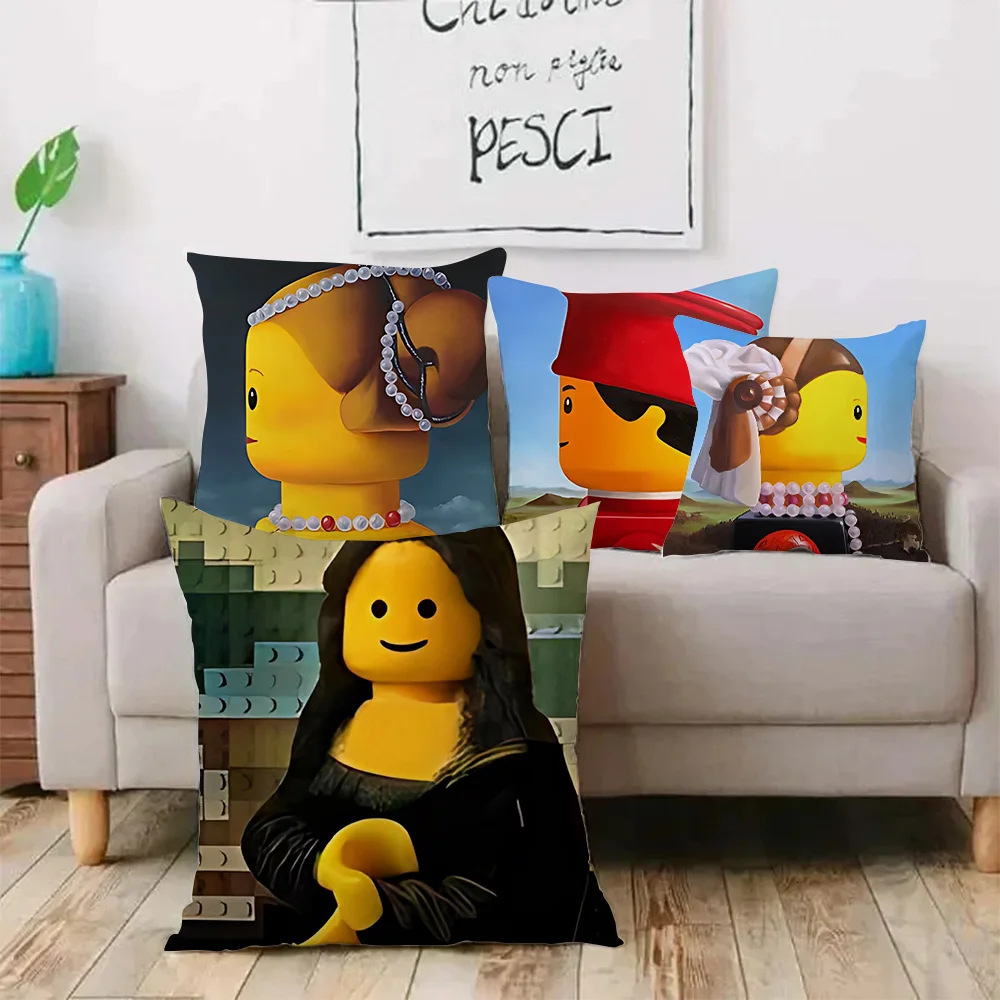 Abstract Funny Mona Lisa Legos Pillow Covers Cartoon Sofa Decorative Home Double-sided Printing Short Plush Cute Cushion Cover